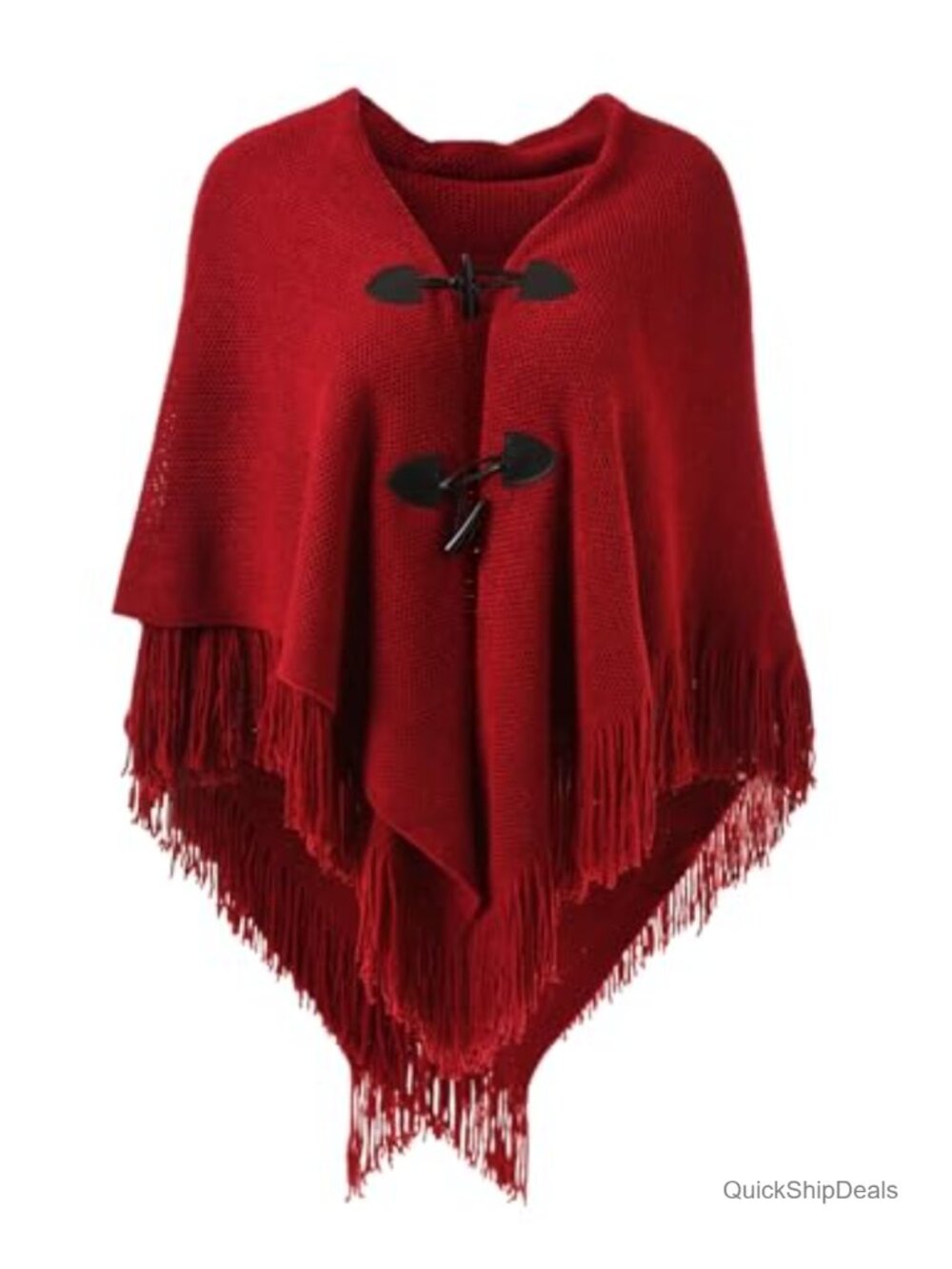 Women's Loose Fit Poncho Cape Shawl Wrap with Horn Buttons, Fringe Hem, V Neck,